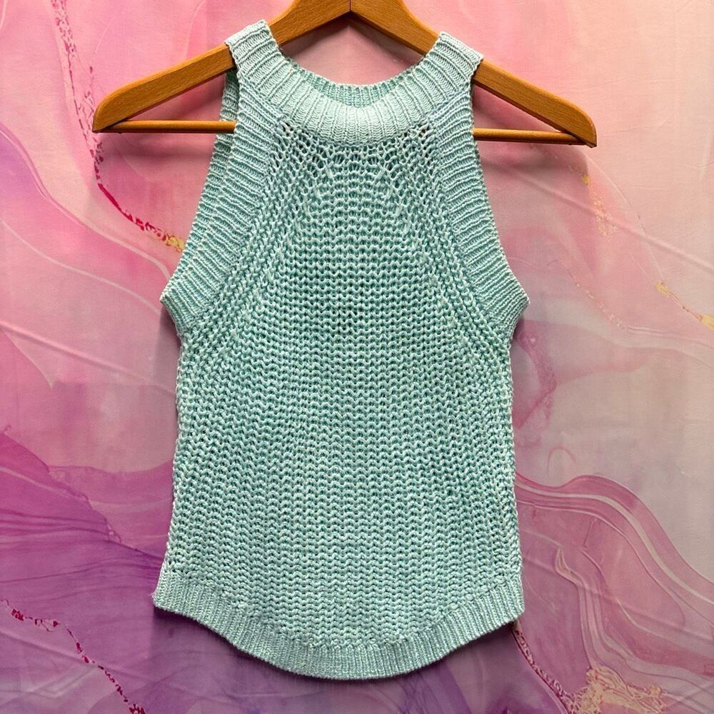 The Hanger M Open Knit Sleeveless Top Pastel Turquoise Boho Artsy Preppy Y2K